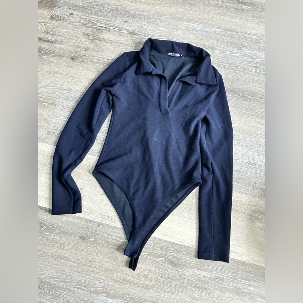 Zara Navy Long Sleeve Bodysuit